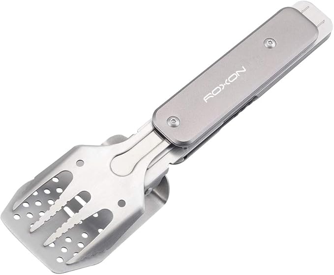 ROXON 4 in 1 Mini Folding BBQ Barbecue Combo Tool Set with Spatula, Fork, Tongs and Bottle Opener for Hiking Camping (Grey)