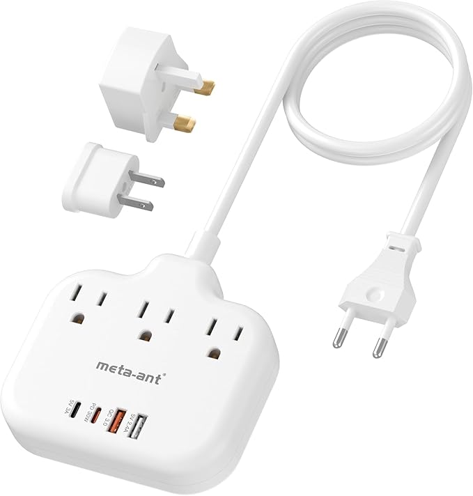 PD30W European Travel Plug Adapter, International Power Adapter with 3 Outlets 2 USB-C and 2 USB-A Fast Charger, Universal Travel Adapter with 3ft Extension Cord for EU US UK Europe France Spain