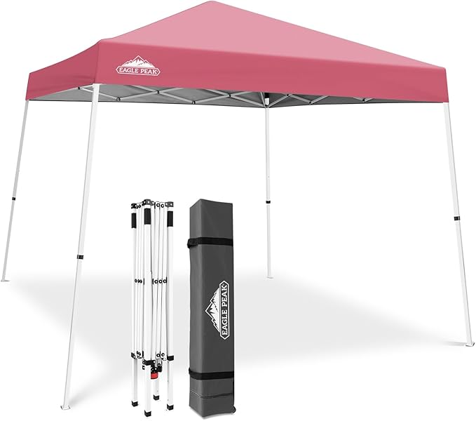 EAGLE PEAK 10x10 Slant Leg Pop-up Canopy Tent Easy One Person Setup Instant Outdoor Beach Canopy Folding Portable Sports Shelter 10x10 Base 8x8 Top (Peach Pink)