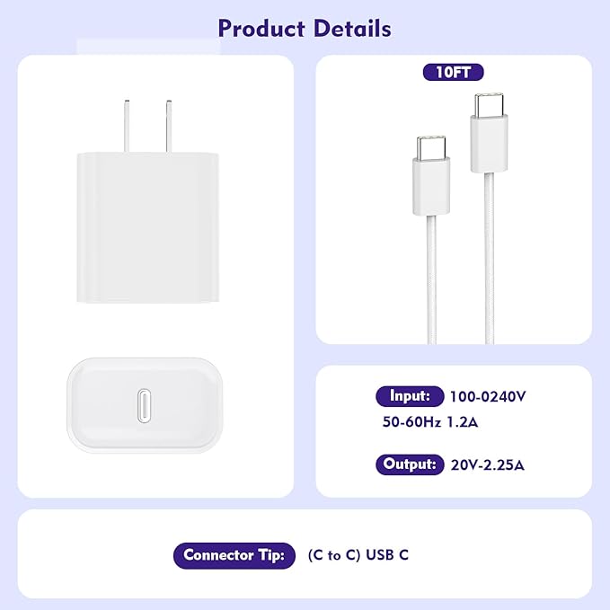 [3 Pack]Long 10FT iPhone 17 16e 15 Charger 20W Fast Wall Charger Block,10Foot USB C to C Braided Woven Cable Fast Charging for iPhone 17 Air/17 Pro/16 Pro/16 Pro Max/16 Plus/15/15 Plus/15 Pro Max/iPad