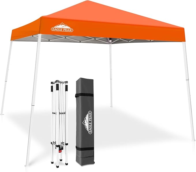 EAGLE PEAK 10x10 Slant Leg Pop-up Canopy Tent Easy One Person Setup Instant Outdoor Beach Canopy Folding Portable Sports Shelter 10x10 Base 8x8 Top (Orange)