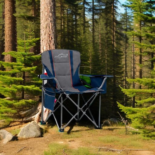 FAIR WIND Oversized Fully Padded Camping Chair with Lumbar Support, Heavy Duty Quad Fold Arm Chair with Cooler Bag - Support 450 LBS，Blue
