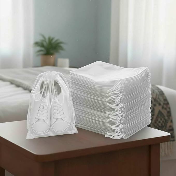 Clear LDPE Drawstring Bags (50 Pack) (13.75" x 17.5") 2 Mil Disposable Transparent Plastic with Double Cotton White Strings. Shoe Bags for Travel Large Storage Organizers Pouch (50)