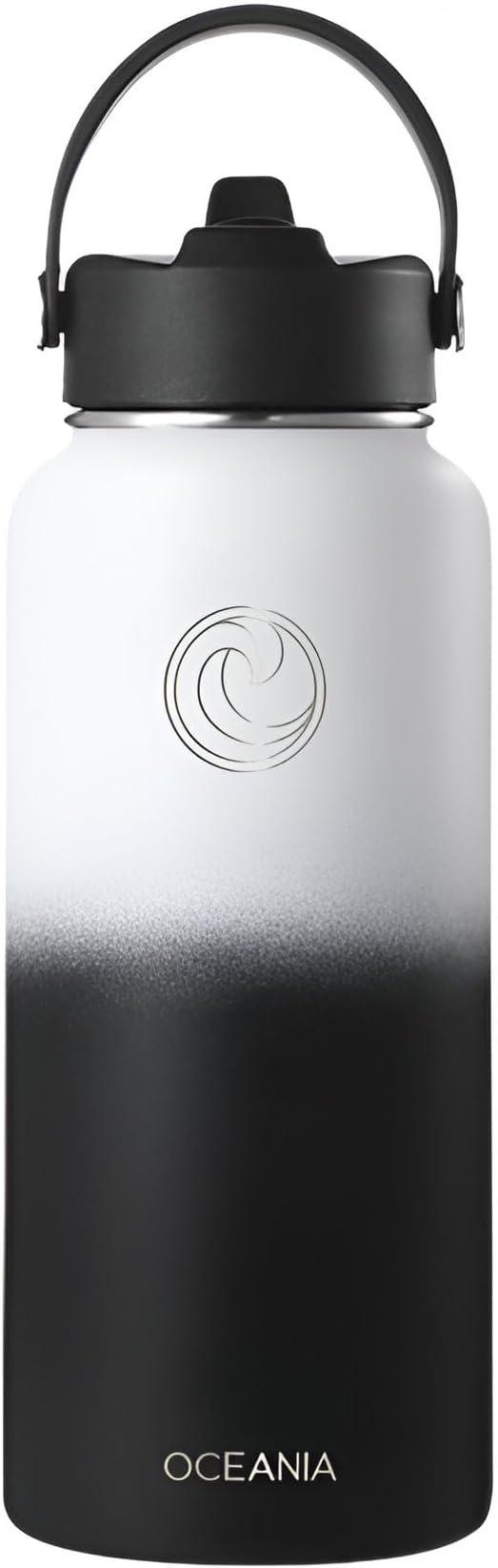 Oceania Flask 32oz Stainless Steel Water Bottles | Modern, Leakproof, Vacuum Insulated with 3 Lids, 3 Straws & 2 Straw Cleaning Brushes | Simple Lightweight Camping & Hiking Hydration Canteens