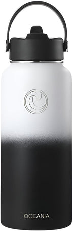 Oceania Flask 32oz Stainless Steel Water Bottles | Modern, Leakproof, Vacuum Insulated with 3 Lids, 3 Straws & 2 Straw Cleaning Brushes | Simple Lightweight Camping & Hiking Hydration Canteens
