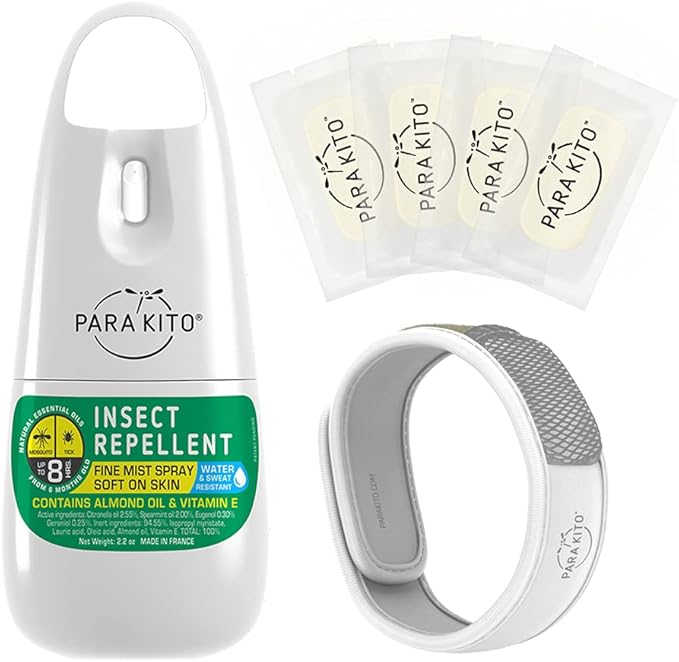 PARAKITO Mosquito, Insect & Bug Spray Bundle - Includes Spray, White Wristband & 4 Refills | DEET Free, Citronella Essential Oils, Perfect for Camping, Hiking, Travel Outdoor Activities