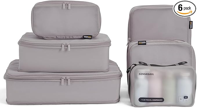 6 Set Compression Packing Cubes for Travel, Large Medium Small Luggage Organizers (Misty Silver)