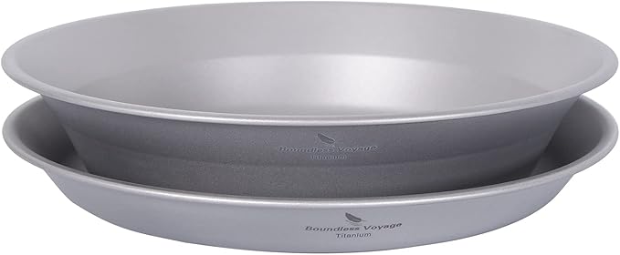 iBasingo Titanium Camping Plates and Bowls Set with Mesh Bag - 174mm Ultralight Backpacking Dinnerware for Hiking, Survival Kit & Outdoor Cooking (61g Plate + 67g Bowl) Ti1113T