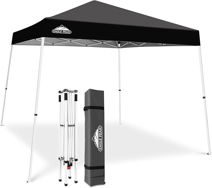 EAGLE PEAK 10x10 Slant Leg Pop-up Canopy Tent Easy One Person Setup Instant Outdoor Beach Canopy Folding Portable Sports Shelter 10x10 Base 8x8 Top (Black)