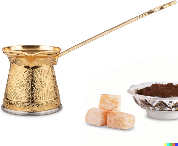Alisveristime Authentic Turkish Coffee Pot, Handmade Cezve/Ibrik, 2.75-Inch Width, 2.75-Inch Height - 6.76 Ounce Enhance Your Coffee Experience Now! (2 Cup) (Gold)