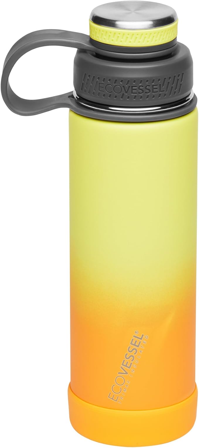 EcoVessel Stainless Steel Water Bottle with Insulated Dual Lid, Insulated Water Bottle with Strainer and Silicone Bottle Bumper, Coffee Mug – 20oz (Summer Sun)