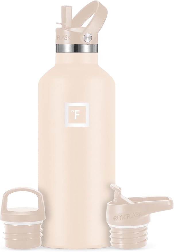 IRON °FLASK Camping & Hiking Hydration Canteens - 3 Lids (Narrow Straw Lid) Leak Proof Vacuum Insulated Stainless Steel - Hot & Cold Double Walled Sports Water Bottle - Sand, 32 Oz
