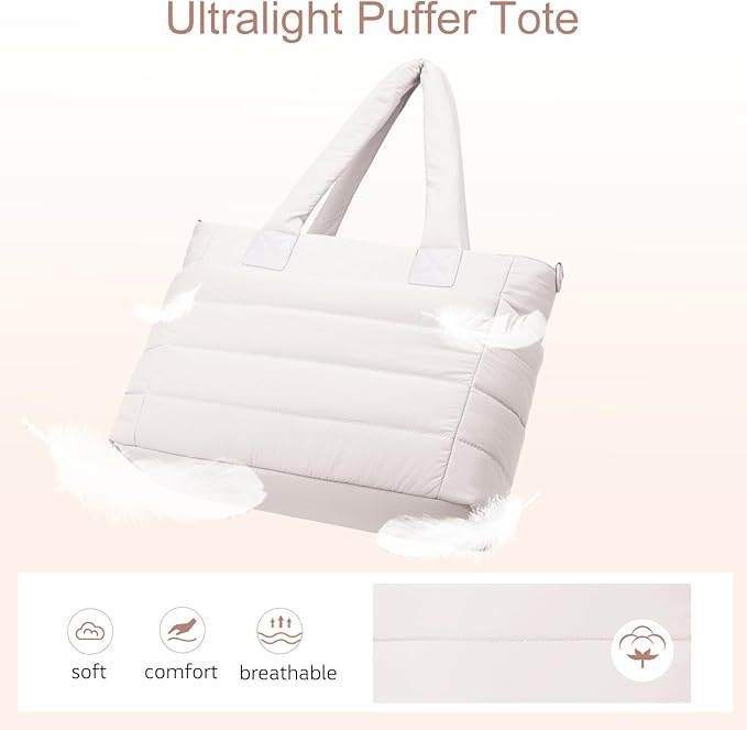 Tote Bag for Women Puffer Work Tote Handbag Large Quilted Nurse Bag with Zipper for Travel