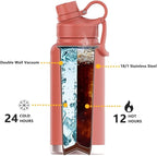 IDEUS Insulated Stainless Steel Water Bottle with 2 Leak-Proof Lids, Thermal Water Flask for Hiking Biking, 32oz, Red