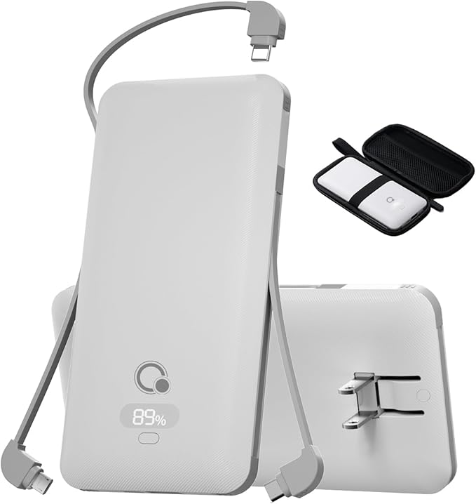 Brand Q 10000mAh Portable Charger with Built-in Cables and AC Wall Plug, USB C Fast Charging Power Bank with 3 Cords,5 Output External Battery Pack Compatible with iPhone,Tablet and All Smart Phones