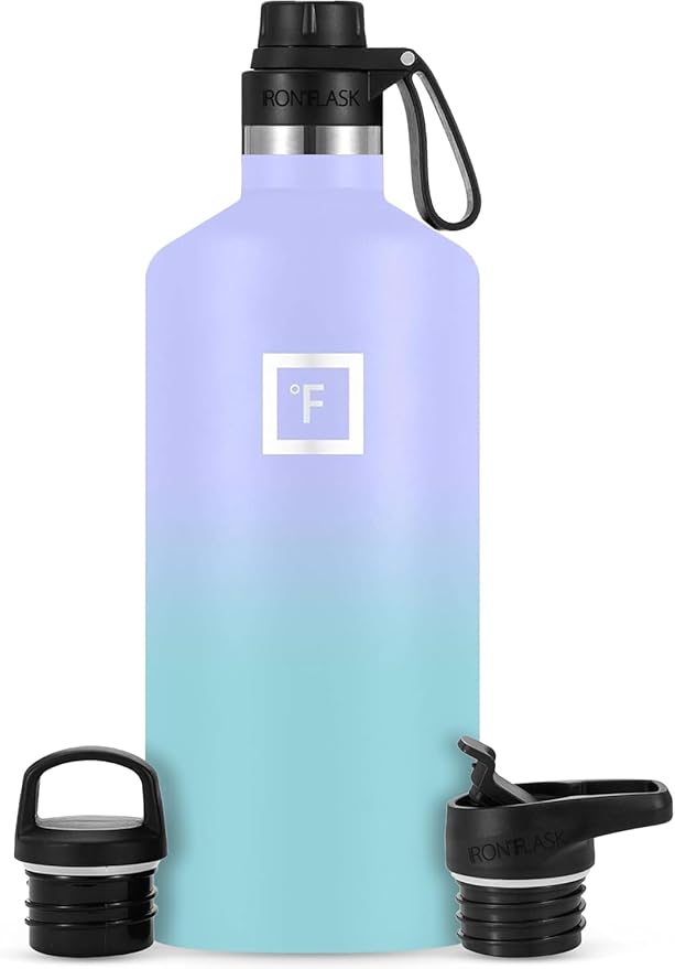 IRON °FLASK Camping & Hiking Hydration Canteens - 3 Lids (Narrow Spout Lid) Leak Proof Vacuum Insulated Stainless Steel - Hot & Cold Double Walled Sports Water Bottle - Cotton Candy, 64 Oz