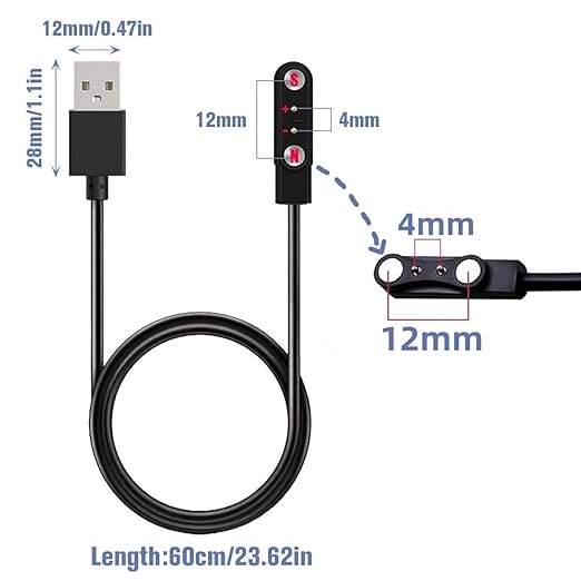 Smart Watch Charger Cable 2 Pin Cord,Replacement Charger for Smart Watch, Charger Contact pin spacing Compatible 4mm