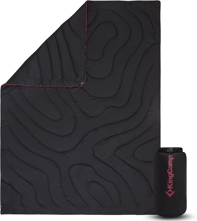 KingCamp Ultralight Camping Blanket, Packable Down Alternative Puffy Wearable Blankets Weatherproof Warm Package Quilt with Snap Buttons & Corner Loops for Outdoor Travel Stadium (69"L x 53"W, BLACK)