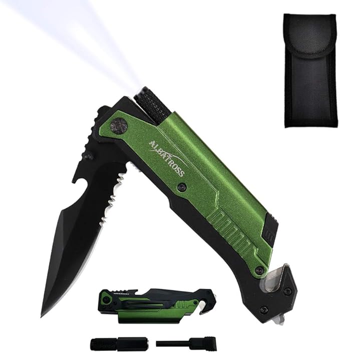 ALBATROSS 7-in-1 Folding Pocket Knife with Glass Breaker, Seatbelt Cutter, Serrated Blade, LED Flashlight, Fire Starter & Bottle Opener - Emergency & Outdoor Tool with Pouch (Green) FK01-GN