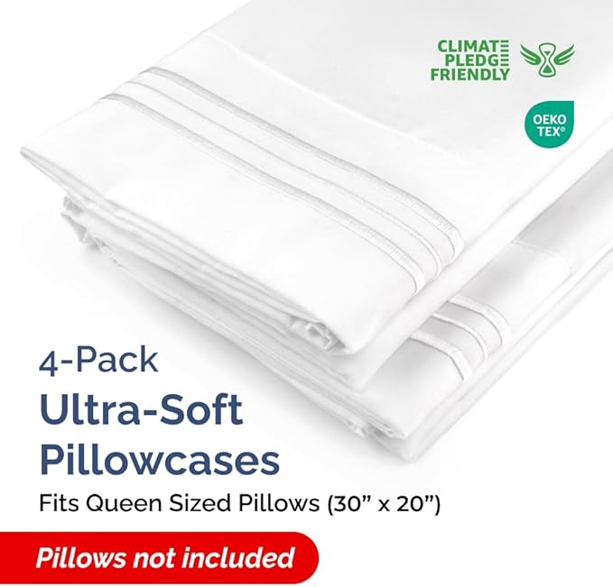Pillowcases - Ultra Soft Hotel Quality Pillowcase Covers - Comfy, Cozy & Wrinkle Free - Shrinkage and Fade Resistant - Machine Washable Pillow Protectors - (Queen, White, 4 Piece Set)