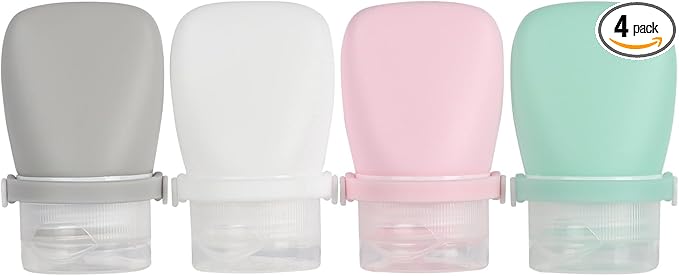 1oz Silicone Travel Bottles for Toiletries (4-Pack), TSA Approved Leakproof Toiletry Bottles with Locking Lid, Refillable Travel Size Containers for Shampoo, Body Wash, Camping & Trips (Wh,Gn,Pnk,Gry)