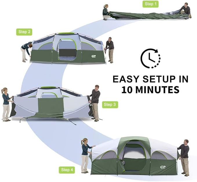 CAMPROS CP Tent 8 Person Camping Tents, Weather Resistant Family Tent, 5 Large Mesh Windows, Double Layer, Divided Curtain for Separated Room, Portable with Carry Bag