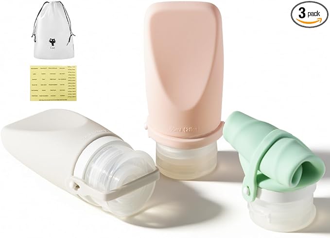 Travel Bottles for Toiletries, TSA Approved 2oz Container, High-Effeiciency Leak-Proof Ultrasonic Technology, Silicone Refillable Squeezable Travel Accessories for Shampoo Conditioner Lotion (3 Pcs)