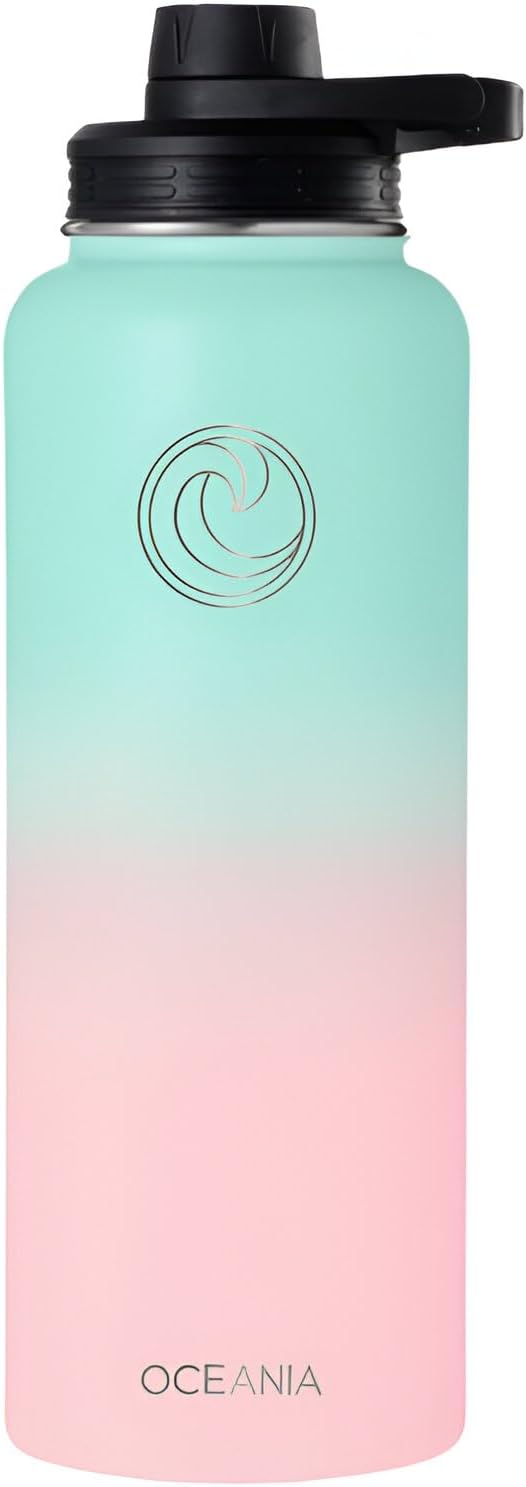 Oceania Flask 40oz Stainless Steel Water Bottle | Modern, Leakproof, Hydro BPA-Free, Insulated Water Bottle with 3 Lids, 3 Straws & 2 Straw Cleaning Brushes | Simple Camping & Hiking Water Bottles