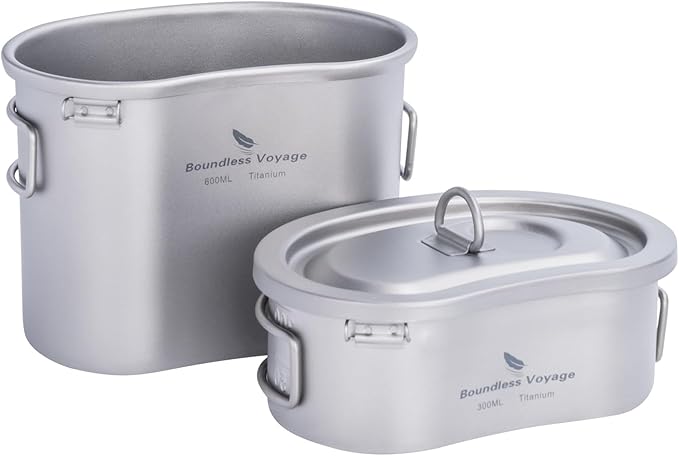 iBasingo Titanium Canteen Mess Kit with Folding Handle Hanging Ring Ultralight Portable for Lunch Outdoor Camping Hiking