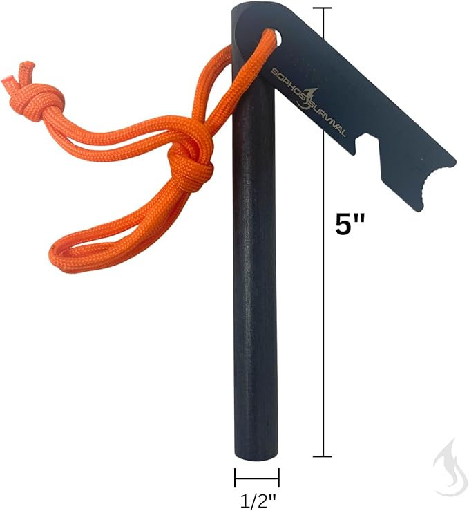 Ferro Rod Fire Starter Drilled Flint and Steel Survival Tool Kit with High Visibility Paracord Lanyard and Weatherproof Striker