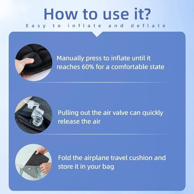 Inflatable Seat Cushion, Press to Inflate Airplane Seat Cushion for Long Flights, 49 Air Cell Wheelchair Cushion, Portable Pressure Relief Seat Pad for Office Chair Car Travel, TPU Non Slip