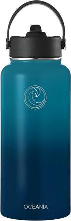 Oceania Flask 32oz Stainless Steel Water Bottles | Modern, Leakproof, Hydro BPA-Free, Insulated Water Bottle with 3 Lids, 3 Straws & 2 Straw Cleaning Brushes | Simple Camping & Hiking Water Bottle