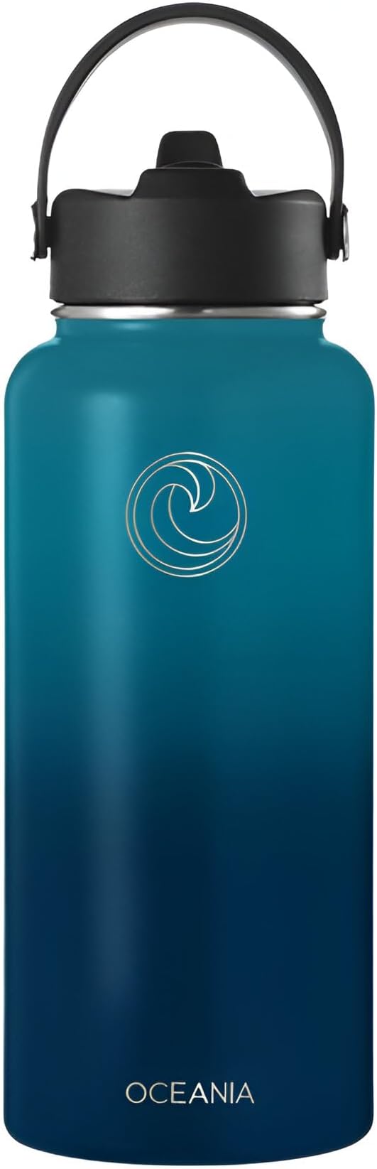Oceania Flask 32oz Stainless Steel Water Bottles | Modern, Leakproof, Hydro BPA-Free, Insulated Water Bottle with 3 Lids, 3 Straws & 2 Straw Cleaning Brushes | Simple Camping & Hiking Water Bottle