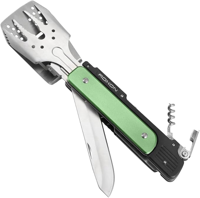 ROXON S601 14" 6 in 1 MBT3 Folding Grill Utensils Set Fork Spatula Grilling Knife Tongs Opener for Backyard Barbecue and Camping (Green)