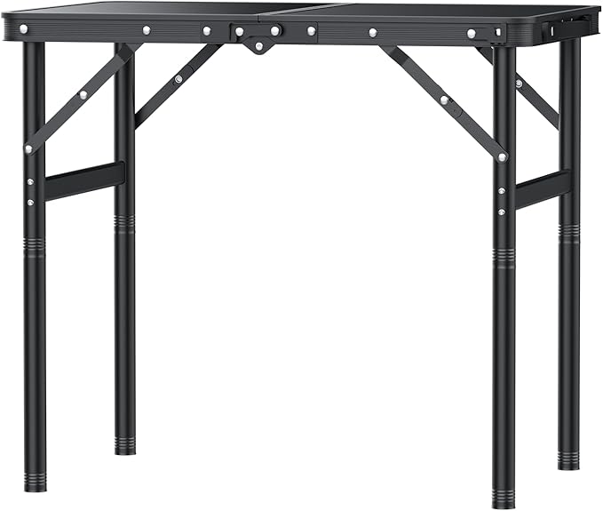 GARLLEN 2ft Folding Camping Table, 3 Adjustable Height Lightweight Picnic Table, Portable Aluminum Grill Table for Outdoor, Camping, Grill, Threaded Install, 23.6" L x 15.7" W, Black