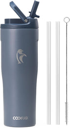 Coolflask Water Bottle 32 oz Fits Car Cup Holder, Slim Tumbler Stainless Steel with Straw & Handle, Vacuum Flask Leakproof Wide Mouth for Travel Sports Gym, Grey