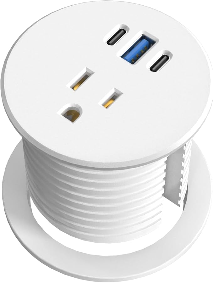 Desk Grommet Power Outlet, 2.5 inch Desktop Recessed Outlet with 20W Fast Charging USB-C Port, Flush Mount Outlet for Conference Rooms, Office Tables, Furniture (White, 6FT)