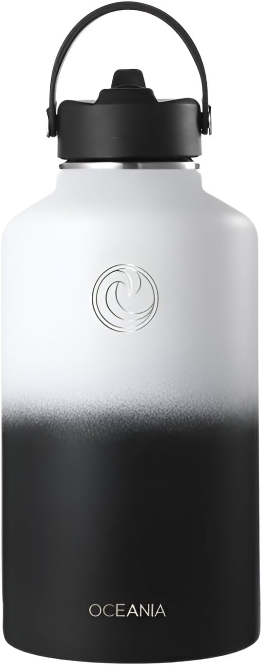 Oceania Flask 64oz Stainless Steel Water Bottles | Modern, Leakproof, Vacuum Insulated with 3 Lids, 3 Straws & 2 Straw Cleaning Brushes | Simple Lightweight Camping & Hiking Hydration Canteens