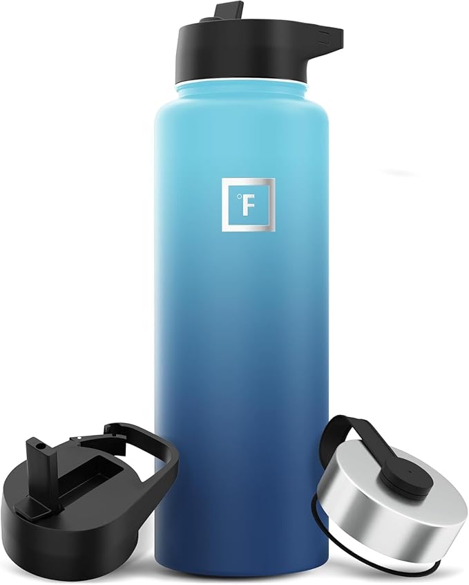 IRON °FLASK Camping & Hiking Hydration Flask with 3 Lids - Stainless Steel, Double Walled & Vacuum Insulated Water Bottle - Leak Proof & BPA Free (Blue Waves, Straw - 40 oz)