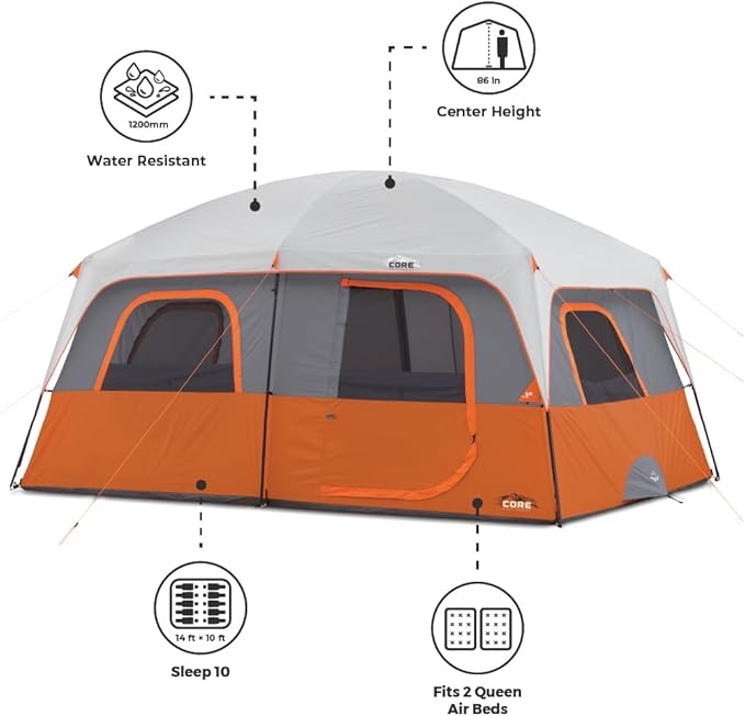 CORE Tent for Family Camping | 10 Person / 11 Person / 12 Person Large Multi Room Cabin Tents for Car Camping & Outdoor Adventures