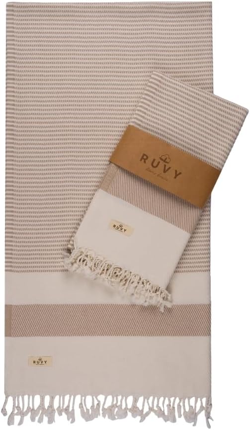 Ruvy Home Basics 2 Pack Turkish Beach Towels – Oversized Quick-Dry Bath Towels (40 x 72 Inches) – 100% Cotton Large Towels for Pool, Yoga, Travel, Camping Essentials, and Bathroom Decor - Beige