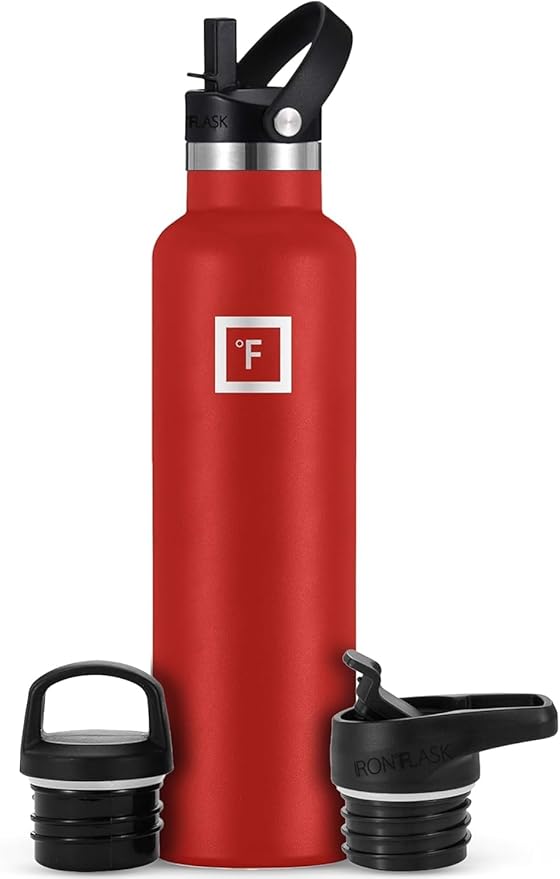 IRON °FLASK Camping & Hiking Hydration Canteens - 3 Lids (Narrow Straw Lid) Leak Proof Vacuum Insulated Stainless Steel - Hot & Cold Double Walled Sports Water Bottle - Fire Red, 24 Oz