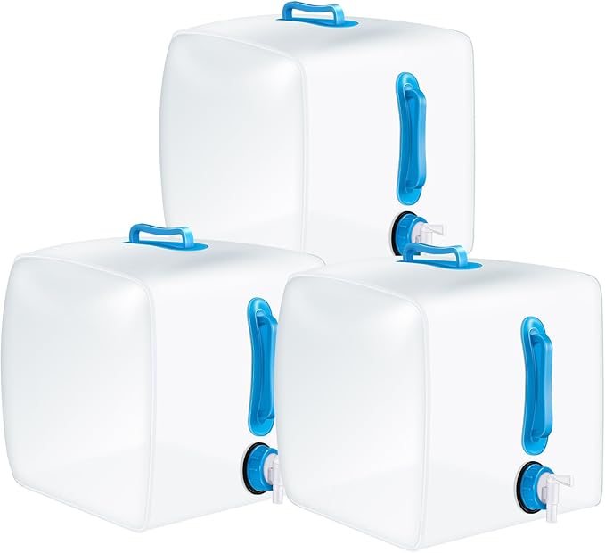 3 Pack Collapsible Water Container with Spigot, Foldable Camping Water Container Portable Camping Storage Carrier Jug for Outdoors Hiking Emergency Kit Backpack(Blue,5.3 Gallon)