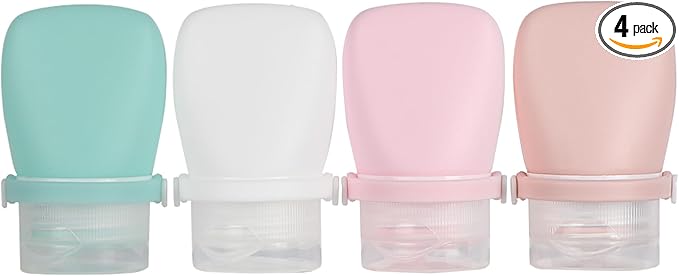 1oz Silicone Travel Bottles for Toiletries (4-Pack), TSA Approved Leakproof Toiletry Bottles with Locking Lid, Refillable Travel Size Containers for Shampoo, Body Wash, Camping & Trips (WH,GN,PNK)