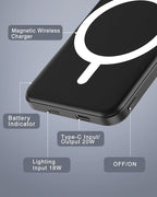 podoru for Magsafe Battery Pack, 5000mAh Magnetic Power Bank with Type-C Cable 20W PD Fast Charging Lighting Input Wireless Portable Charger for iPhone 17/16/15/14/13/12/ All Series-Black