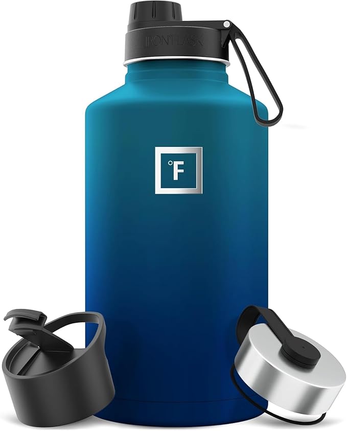IRON °FLASK Camping & Hiking Hydration Flask with 3 Lids - Stainless Steel, Double Walled & Vacuum Insulated Water Bottle - Leak Proof & BPA Free (Dark Night, Spout - 64 oz)