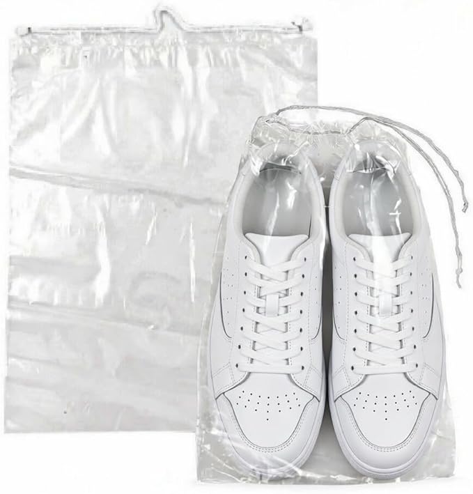 Clear LDPE Drawstring Bags (100 Pack) (13.75" x 17.5") 2 Mil Disposable Transparent Plastic with Double Cotton White Strings. Shoe Bags for Travel Large Storage Organizers Pouch (100)