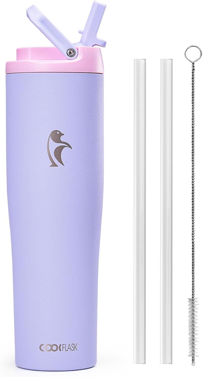 Coolflask Water Bottle 40 oz Fits Car Cup Holder, Slim Tumbler Stainless Steel with Straw & Handle, Vacuum Flask Leakproof Wide Mouth for Travel Sports Gym, Lavender