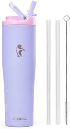 Coolflask Water Bottle 40 oz Fits Car Cup Holder, Slim Tumbler Stainless Steel with Straw & Handle, Vacuum Flask Leakproof Wide Mouth for Travel Sports Gym, Lavender