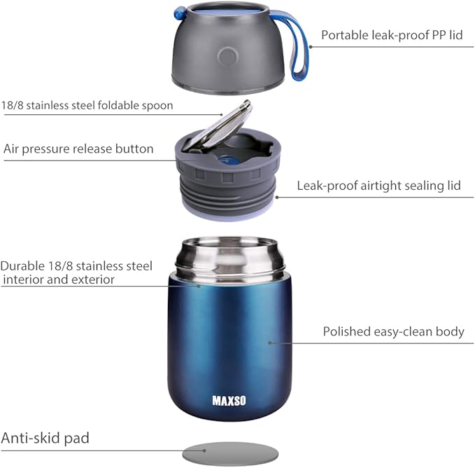 MAXSO Soup Thermo for Hot & Cold Food for Adults Kids, 17 oz Vacuum Insulated Steel Lunch Container Bento Box with Spoon, Leakproof Thermal Food Jar for School Office Travel - Dark Blue